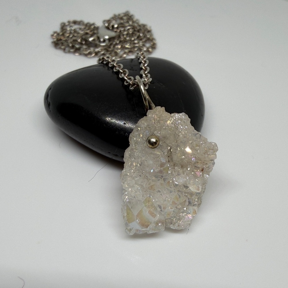 Sterling Silver Chain Necklace w Natural Druzy Pendant. See video for effect.